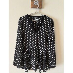 Elle Womens Size Medium Black White Polka Dot Blouse Long Sleeve Layered